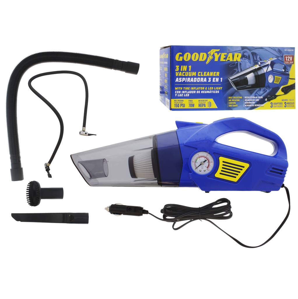 Aspiradora Para Vehiculo Goodyear 3 En 1 Con Inflador De Cuchos Y Luz Led 70W Azul Y Amarillo 