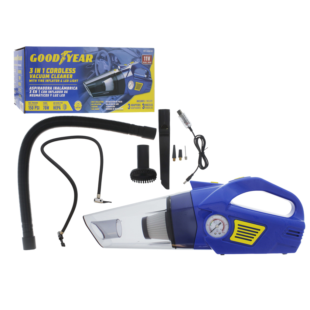 Aspiradora Para Vehiculo Goodyear 3 En 1 Recargable Con Inflador De Cuchos Y Luz Led 70W Azul Y Amarillo 