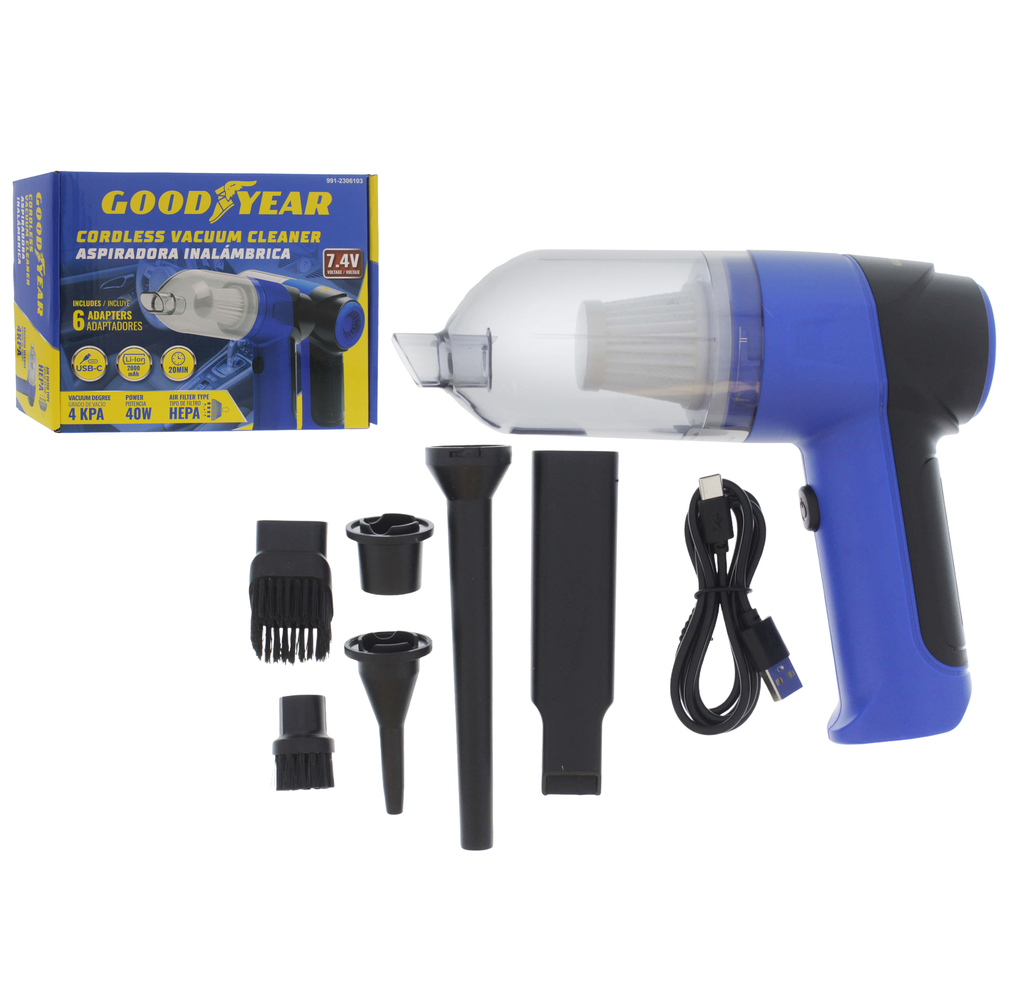 Aspiradora Para Vehiculo Goodyear Recargable Con 6 Adaptadores 40W Azul Y Amarillo 