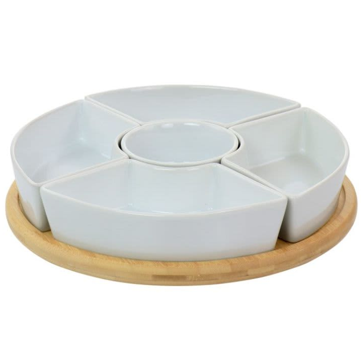 Bandeja De Pasapalos Gibson Elite 6 Pzas Circular Con Soporte De Madera Giratorio Blanco Y Marron
