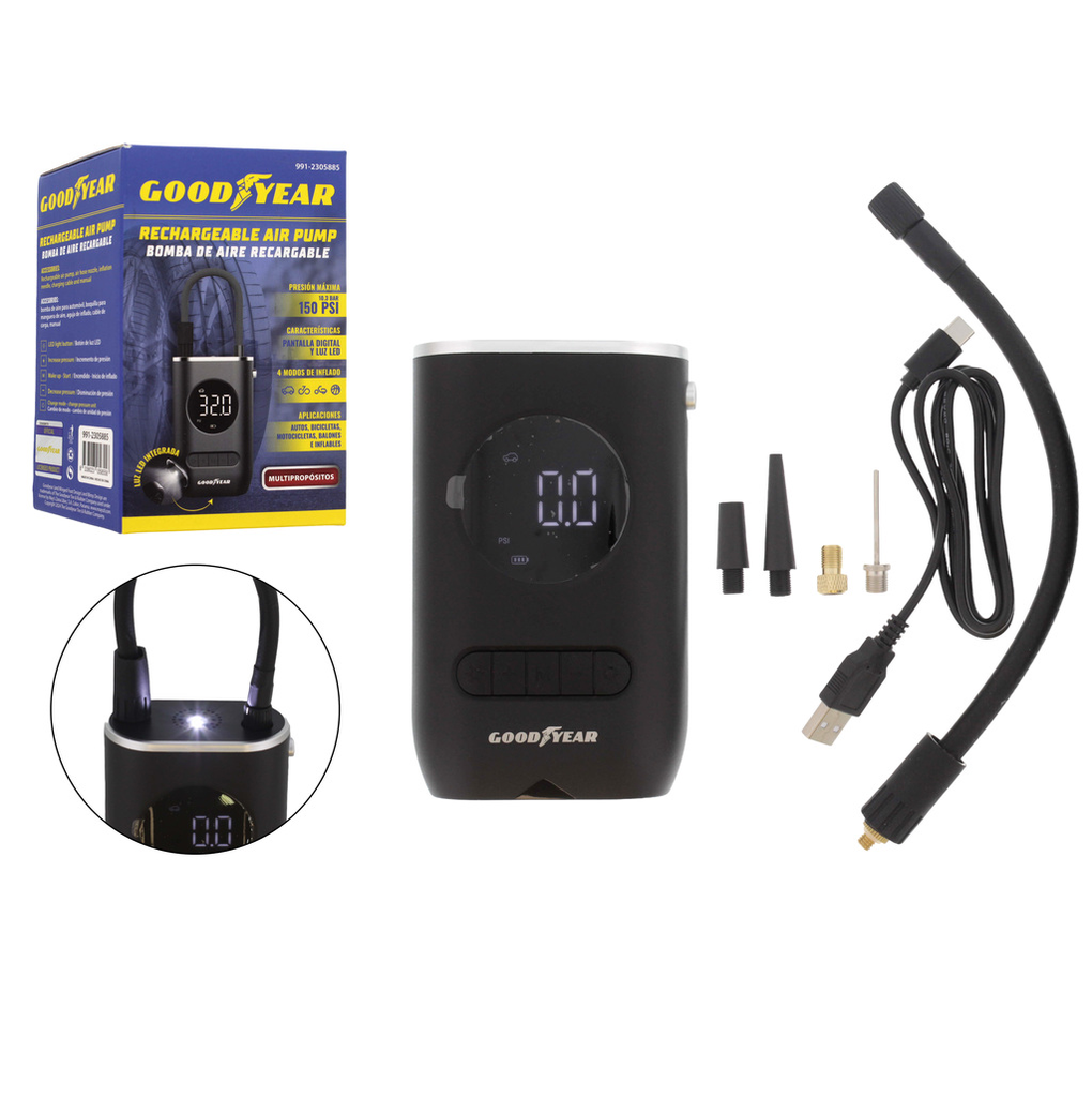 Bomba De Aire Goodyear Recargable 4 Modos De Inflado Con Pantalla Digital Luz LED 150 PS1 Negro