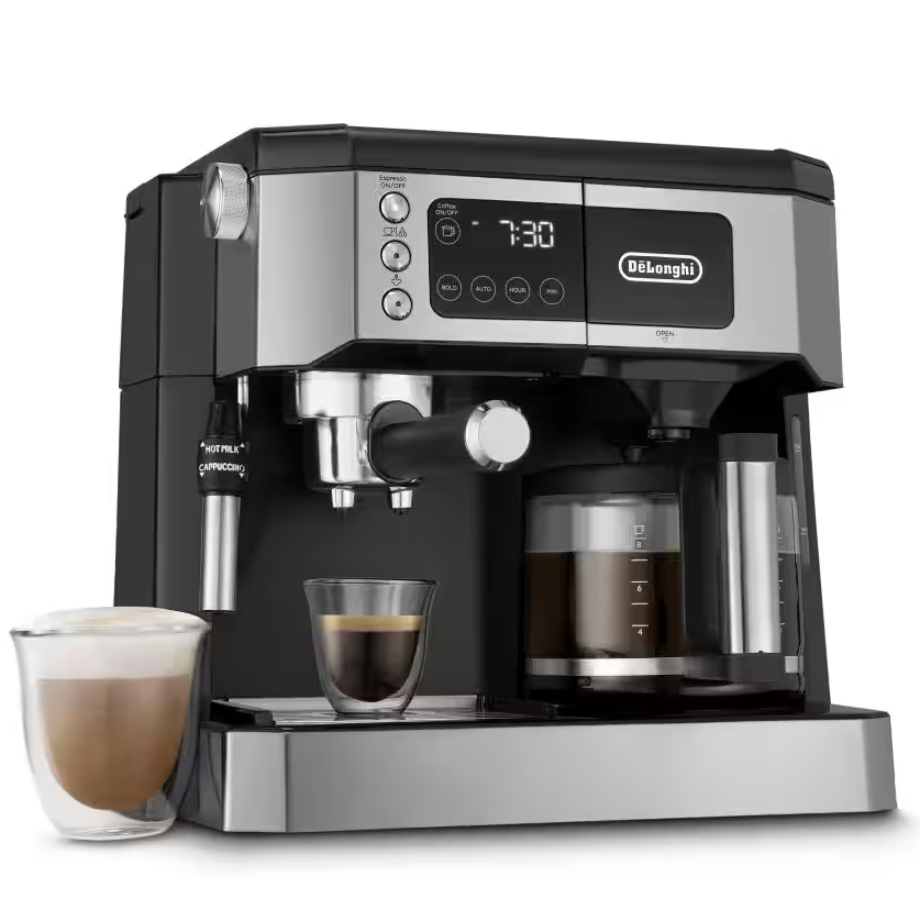 Cafetera Combinada Delonghi 10 Tazas 15 Bares Programable Con Espumador Ajustable Avanzado Negro