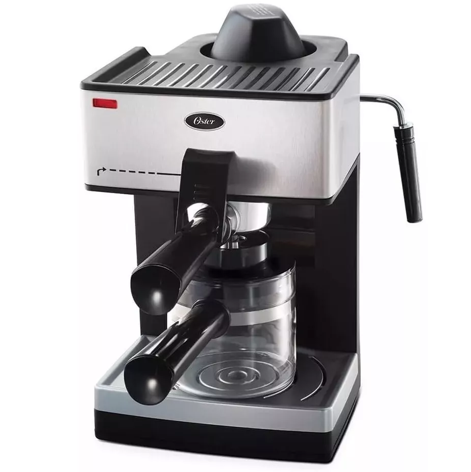 Cafetera Expreso Oster 4 Tazas Palanca Para Seleccionar Funcion Y Espumador Plateado Y Negro