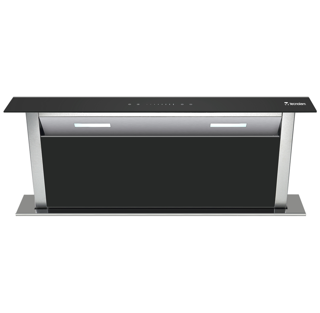 Campana De Isla 90 Cm Tecnolam Downdraft Telescopica Motor Doble Turbina Luces MultiLed Vidrio Negro