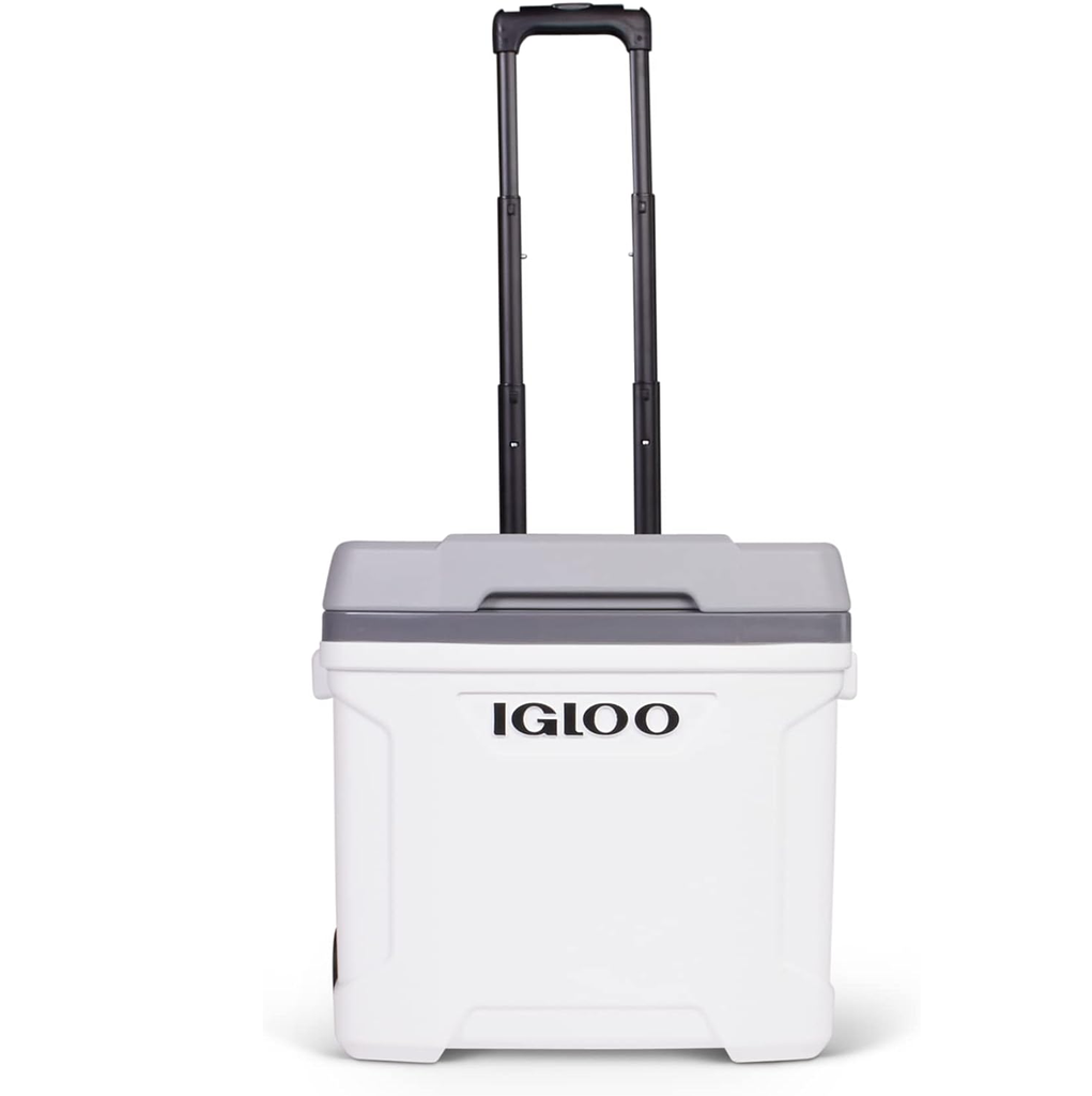 Cava Igloo Latitude Roller 56 Lts 60 Qt Con Ruedas Asa Telescopica Y Portavasos Blanco Y Gris