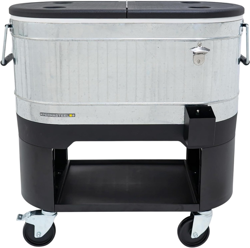 Cava Permasteel 113 Lts 120 Qt Para Exteriores Con Ruedas Asas Abridor De Botellas Portavasos Y Estante Acero