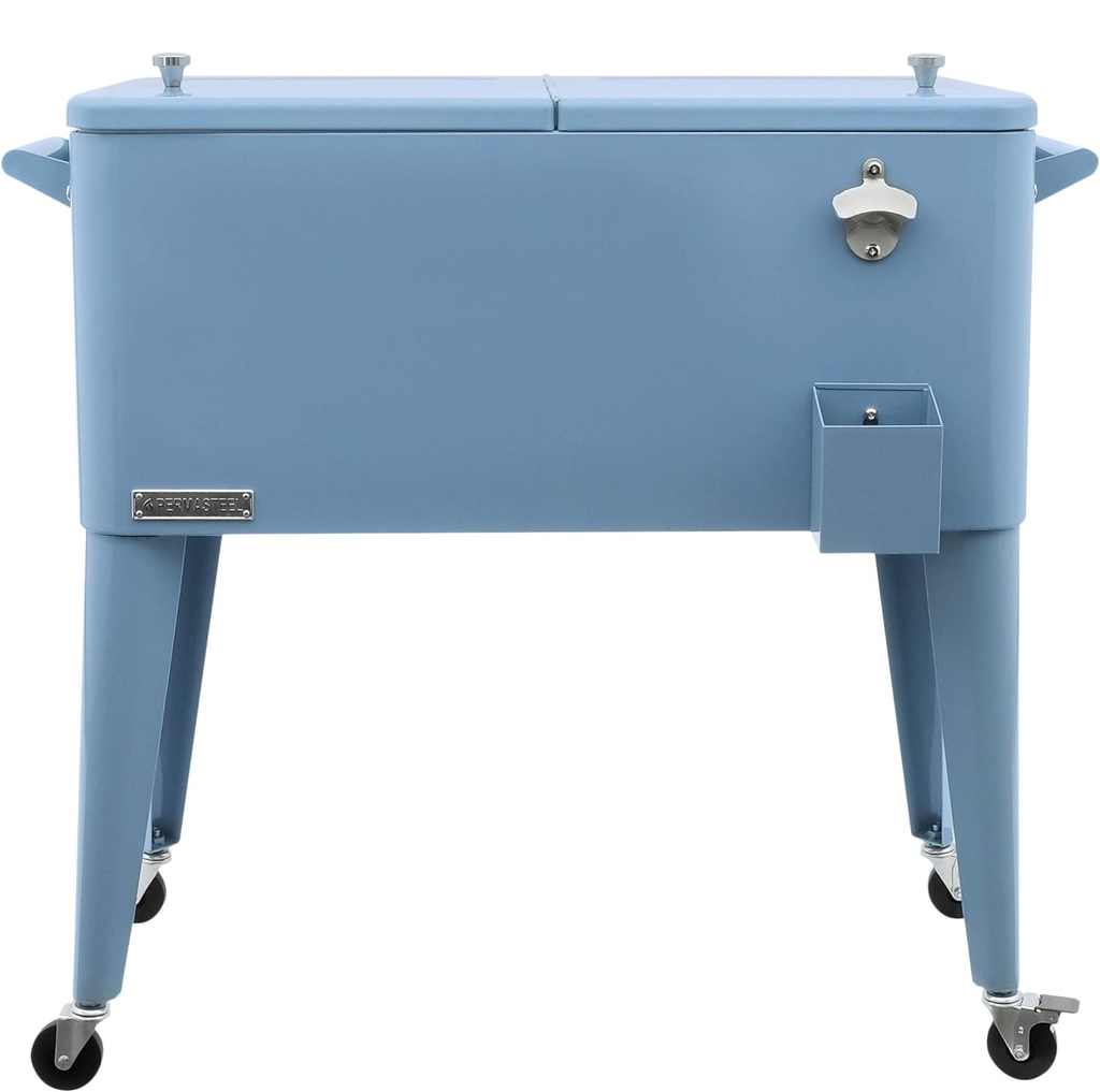 Cava Permasteel 75 Lts 80 Qt Para Exteriores Con Ruedas Asas Abridor De Botellas Y Colector De Tapas Azul