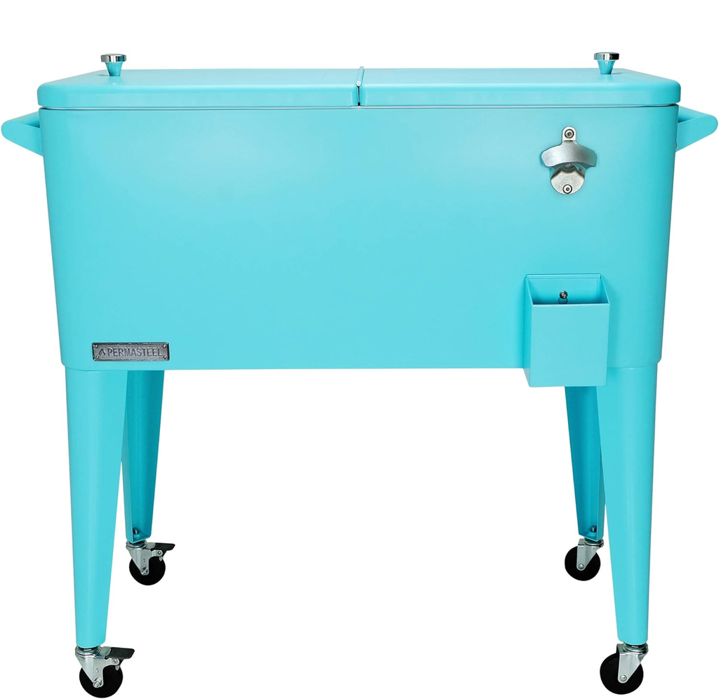 Cava Permasteel 75 Lts 80 Qt Para Exteriores Con Ruedas Asas Abridor De Botellas Y Colector De Tapas Turquesa