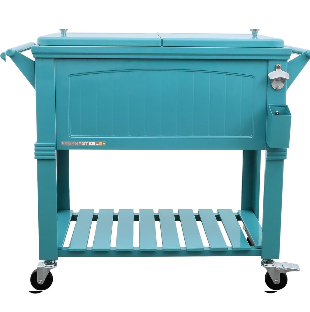 Cava Permasteel 75 Lts 80 Qt Para Exteriores Con Ruedas Asas Abridor De Botellas Tapon De Drenaje Y Estante Turquesa