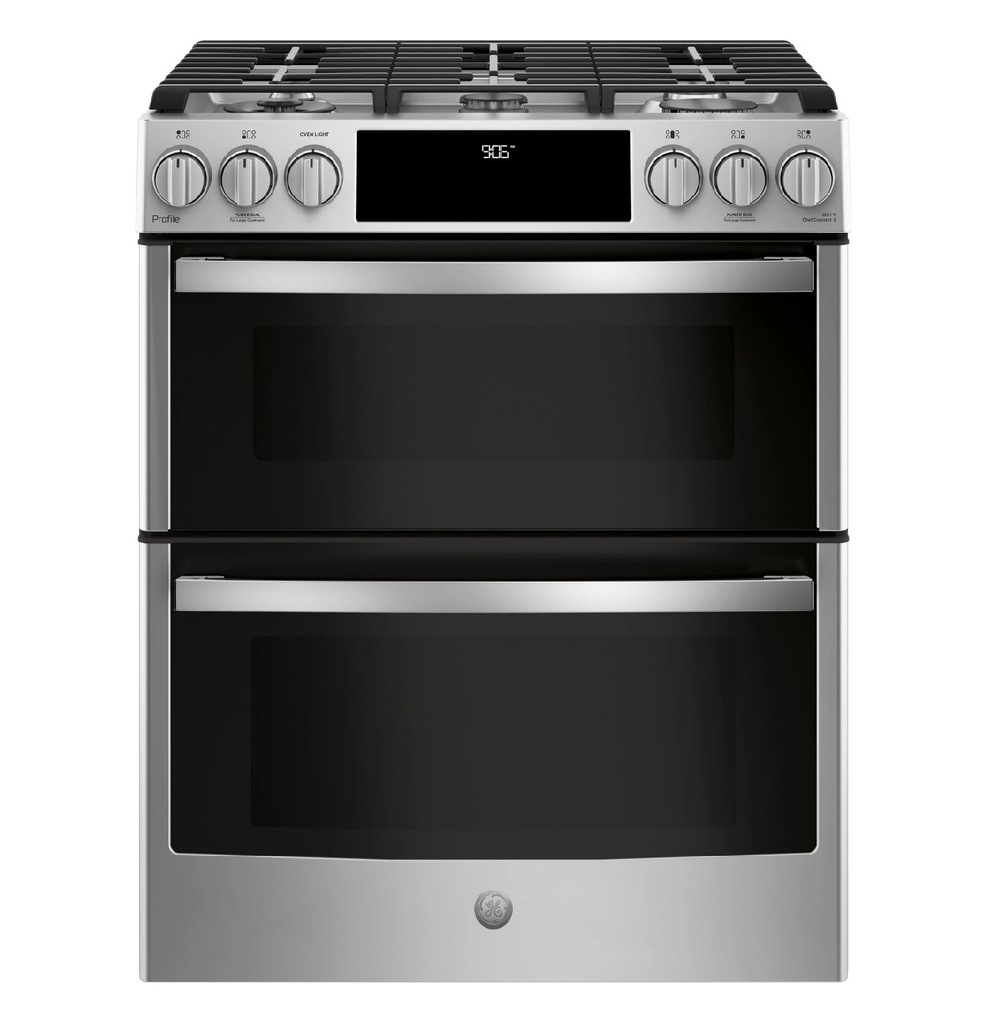 Cocina A Gas GE 76 Cm Smart De Conveccion Con Doble Horno Quemador Triple Llama Deslizable Acero