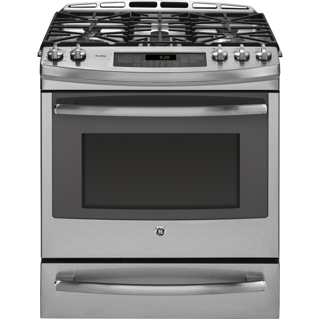 Cocina Dual GE 76 Cm Quemador Triple Llama Y Cajon Calentador Deslizable Acero