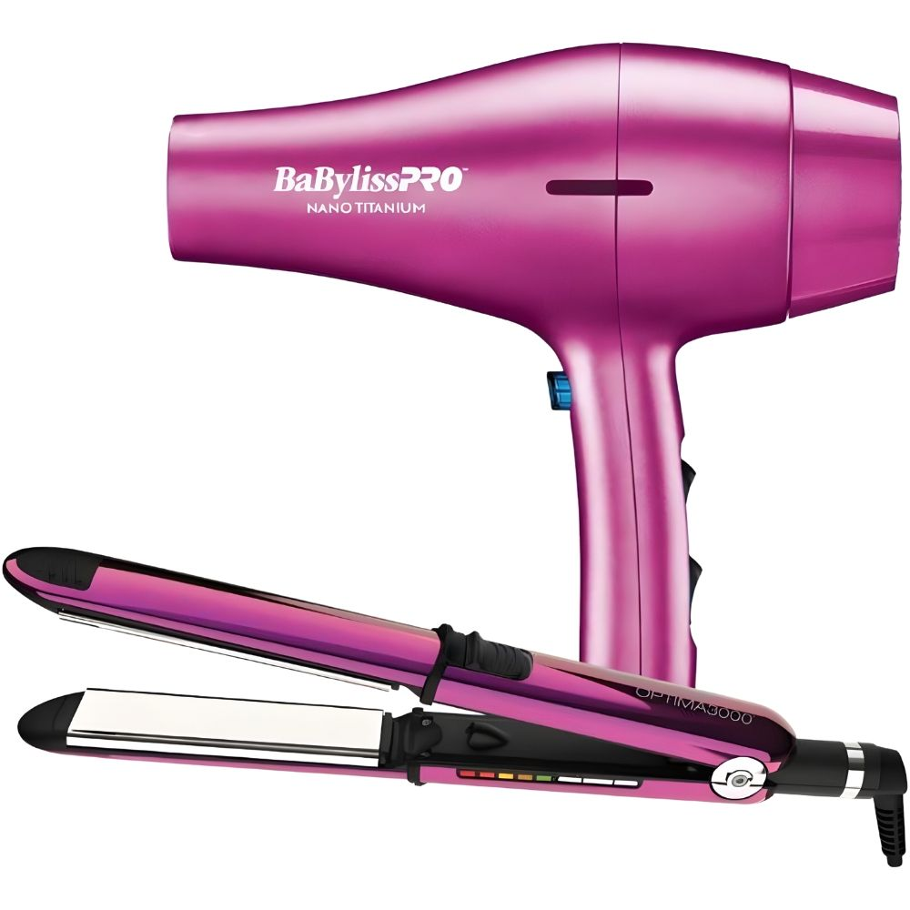 Combo Babyliss Pro Nano Titanium Nano Plancha Ionica Optima 3000 32 Mm 1 1/4" 465°F Y Secador 2000W Rosado