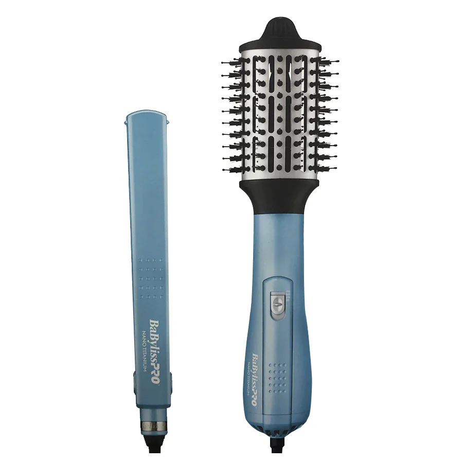 Combo Babyliss Pro Nano Titanium Plancha Ionica 32 Mm 1 1/4" 4091 450°F Y Cepillo Secador Hot Air 2.5" Azul