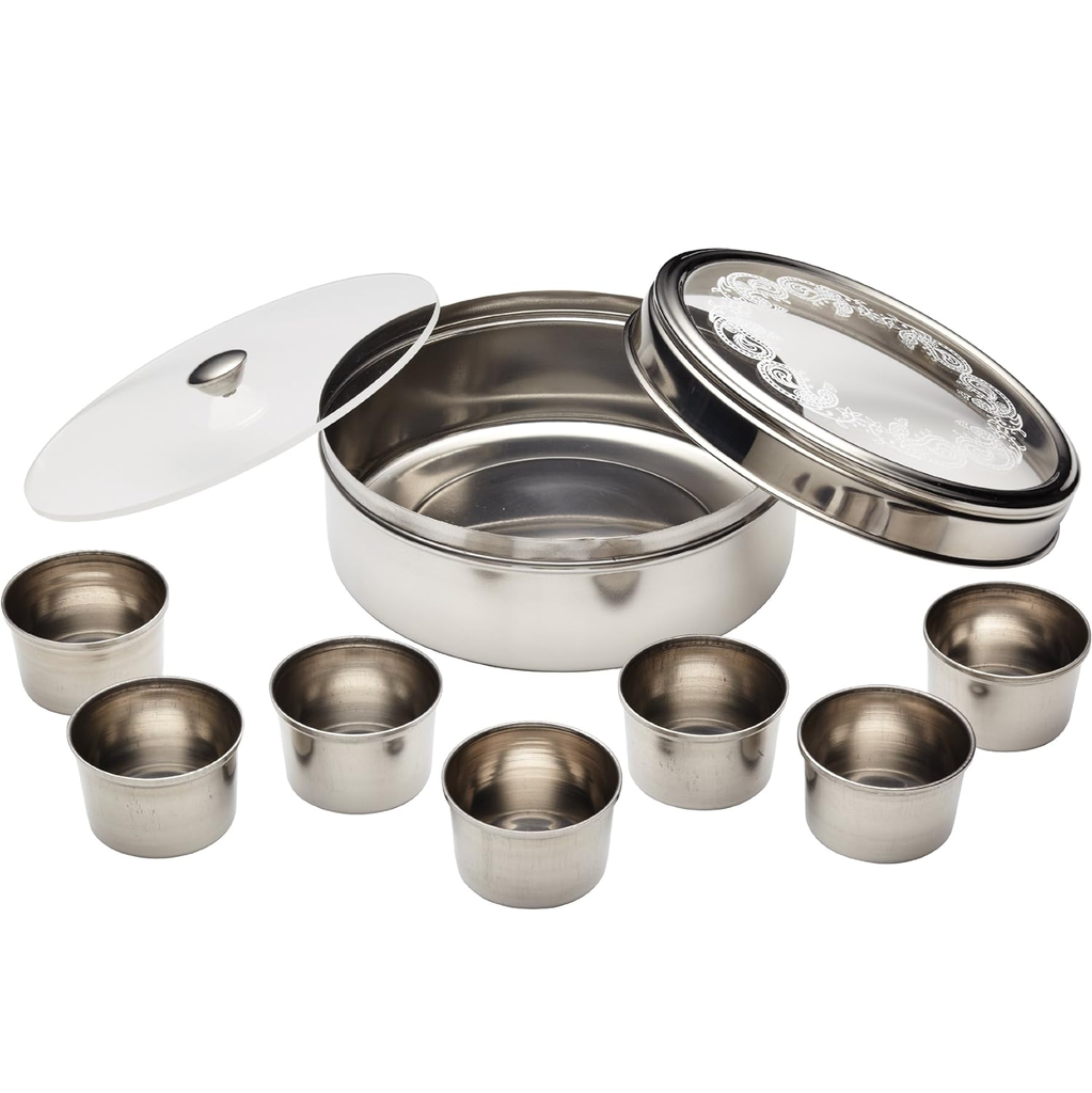 Organizador De Especias Kitchencraft Masala Dabba Con 7 Recipientes Plateado