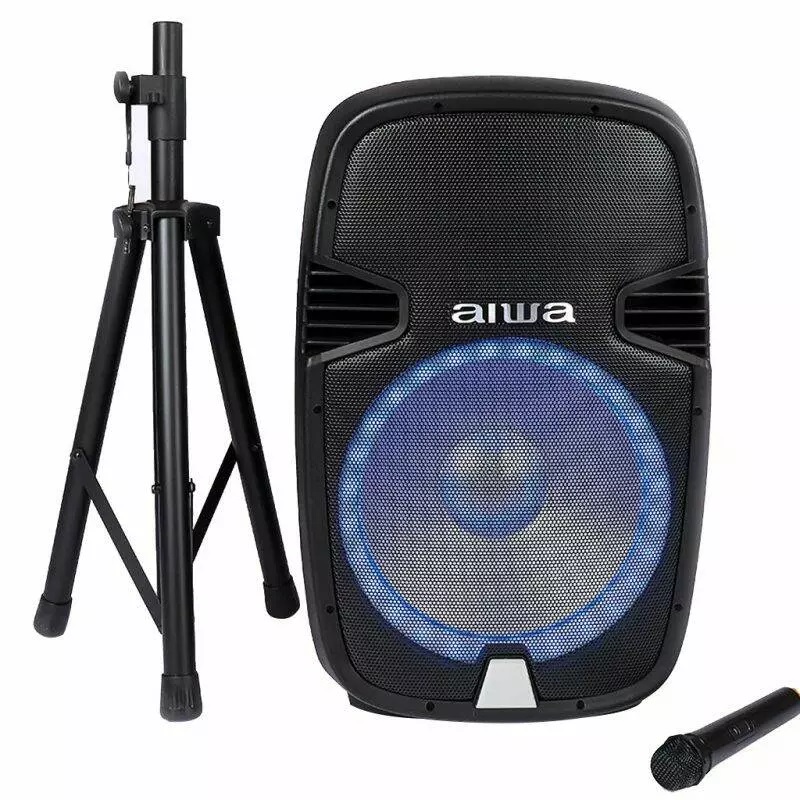 Corneta Aiwa Recargable Con Bluetooth Luces LED Usb Sd Auxiliar Microfono Y Tripode 1000W Negro
