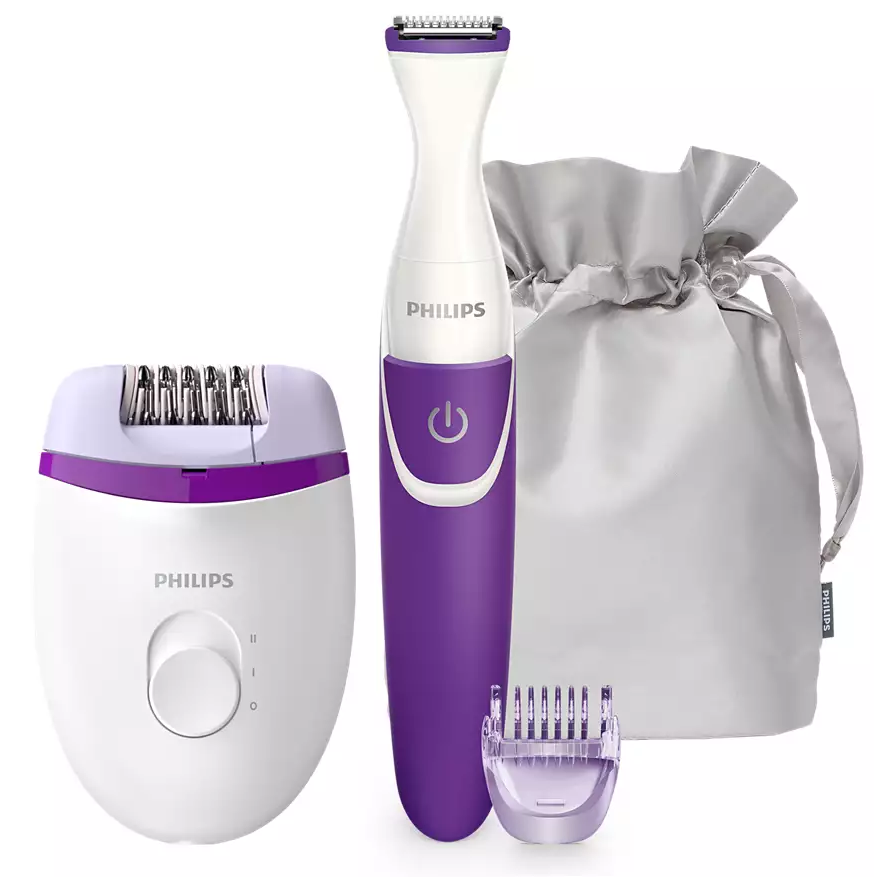 Depiladora Y Recortador Philips Para Piernas Y Zona Del Bikini Satinelle Essential Con Cable 2 Vel 2 Acc Blanco Y Morado