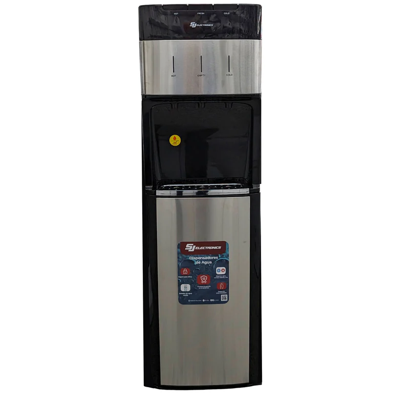 Dispensador De Agua SJ Electronics Agua Fria Caliente Y Ambiente Con Gabinete Negro Y Plateado