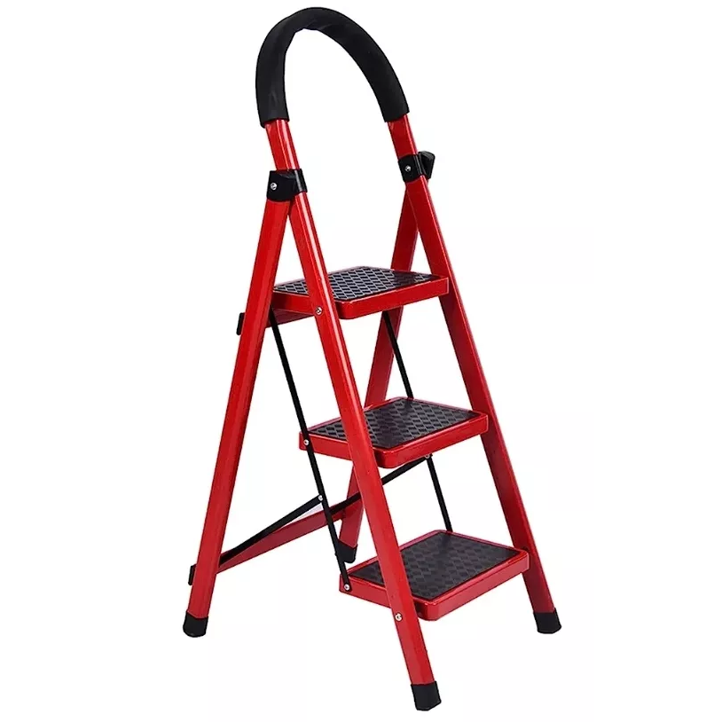 Escalera Taburete Bahit De Acero 3 Escalones Rojo Y Negro