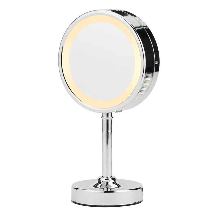 Espejo Conair De Mesa Doble Cara Circular Giratorio Con Luz Incandescente Aumento 1X/5X Plateado