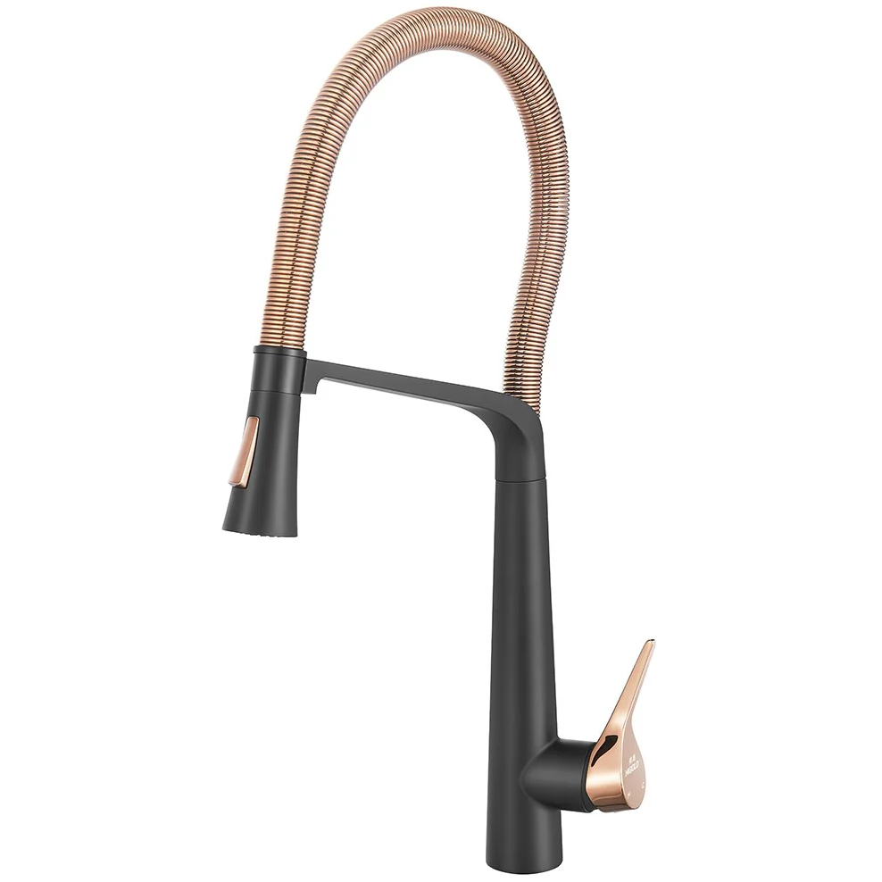Grifo Higold Monomando Manguera Extraible Cuello Libre Rango De Movimiento Negro Y Rose Gold