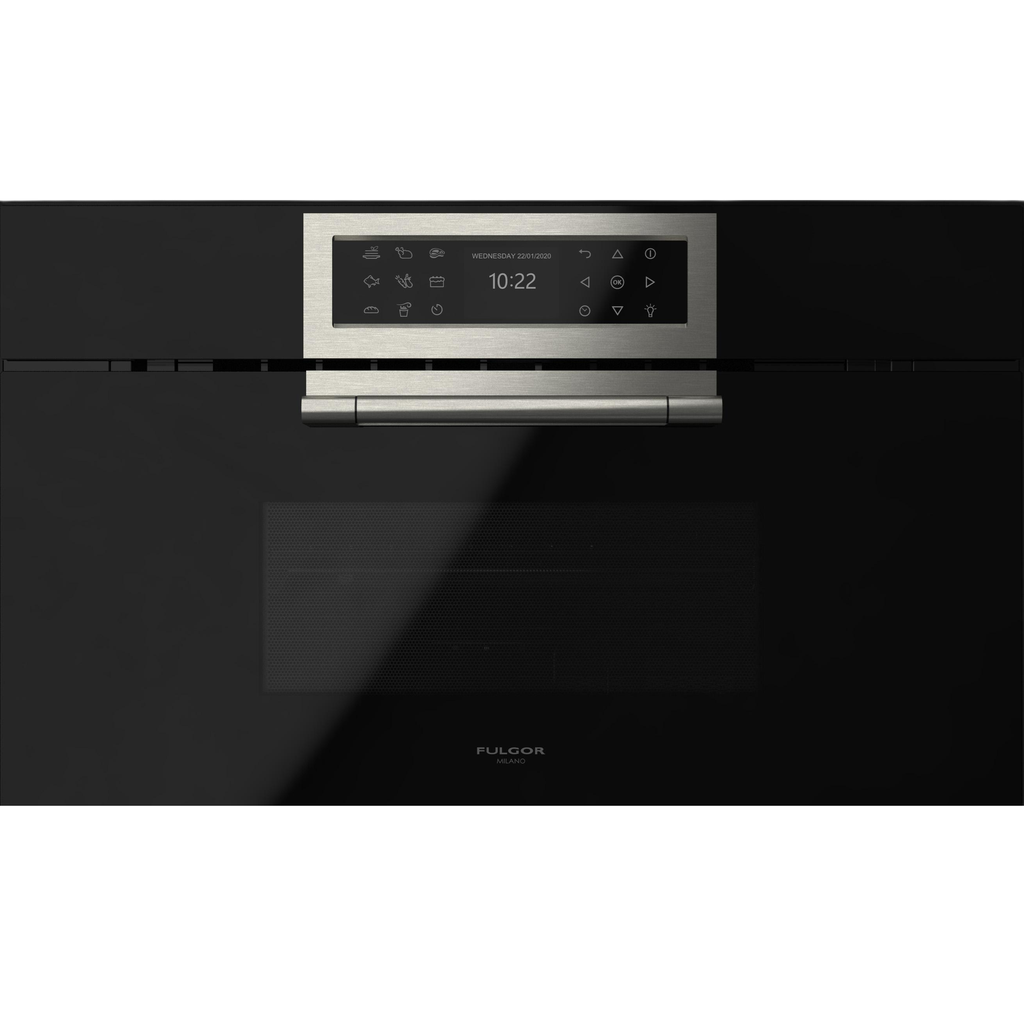 Horno Microondas Empotrable 1.2 Pies Fulgor Cluster 75 Cm De Conveccion 10 Funciones Freidora De Aire Grill Negro Y Acero