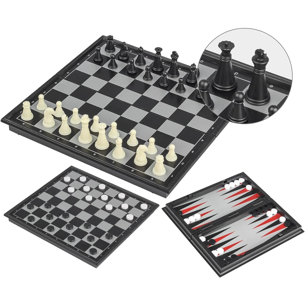 Juego De Ajedrez Engten 3 En 1 Backgammon Y Damas Con Tablero Magnetico Blanco Y Negro