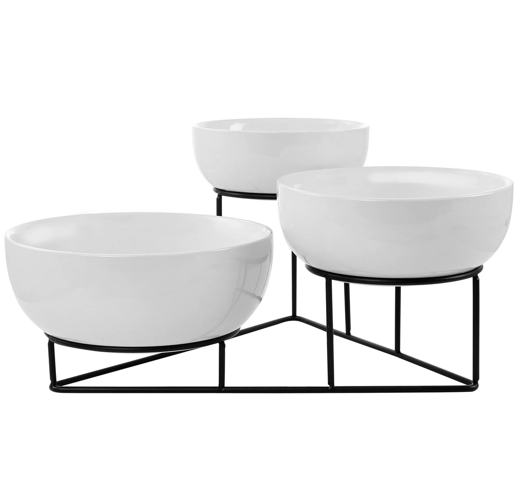 Juego De Bowls Gibson Home Gracious 4 Pzas De Ceramica Con Soporte Metalico Blanco
