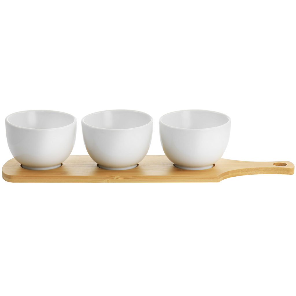 Juego De Bowls Gracious Dining 4 Pzas De Ceramica Con Base De Madera Blanco Y Marron