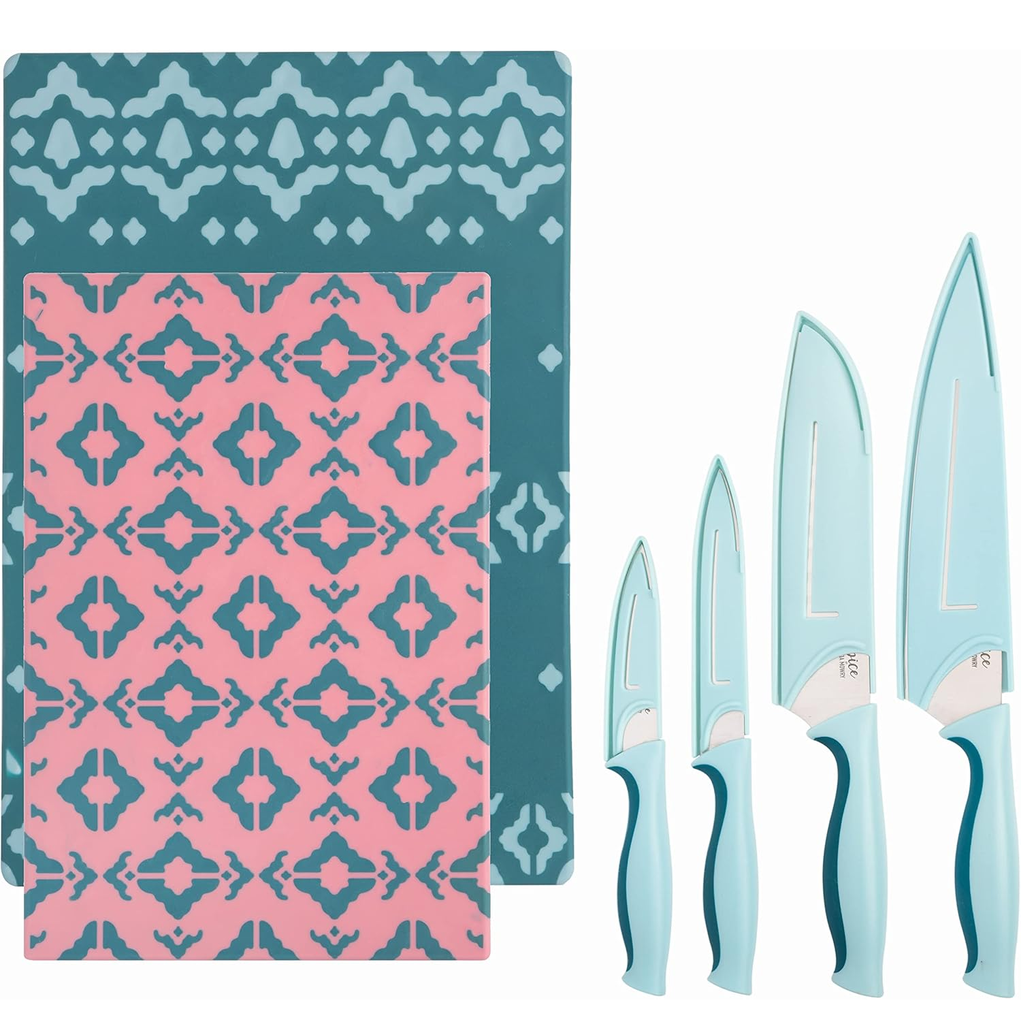 Juego De Cuchillos Spice By Tia Mowry 10 Pzas Con Fundas Y Tablas Para Cortar Rosado Y Azul