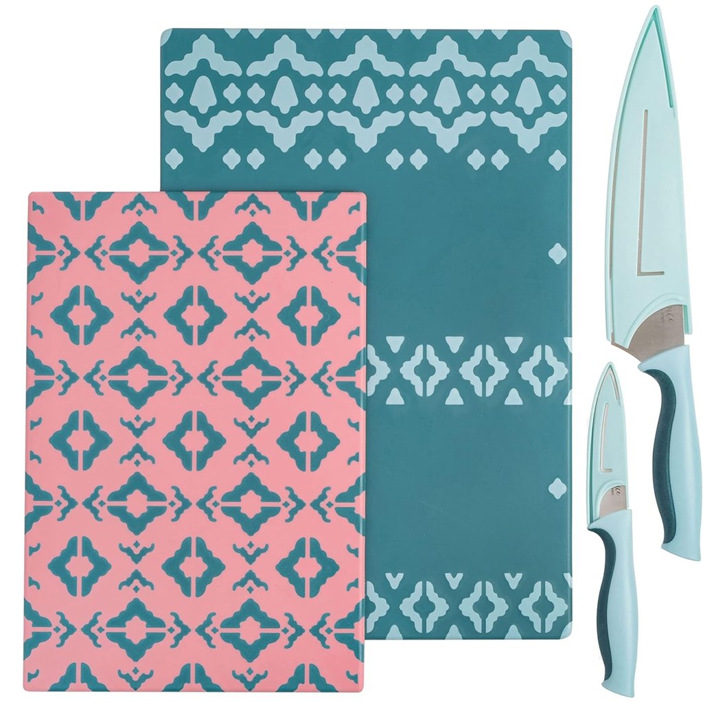 Juego De Cuchillos Spice By Tia Mowry 6 Pzas Con Fundas Y Tablas Para Cortar Rosado Y Azul