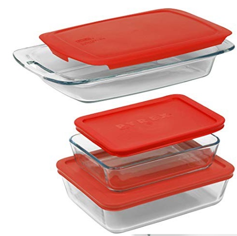 Juego De Envases Pyrex Littles Juego De 3 Pzas Cuadrados De Vidrio Tranparente Y Rojo