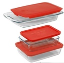 Juego De Envases Pyrex Littles Juego De 3 Pzas Cuadrados De Vidrio Tranparente Y Rojo