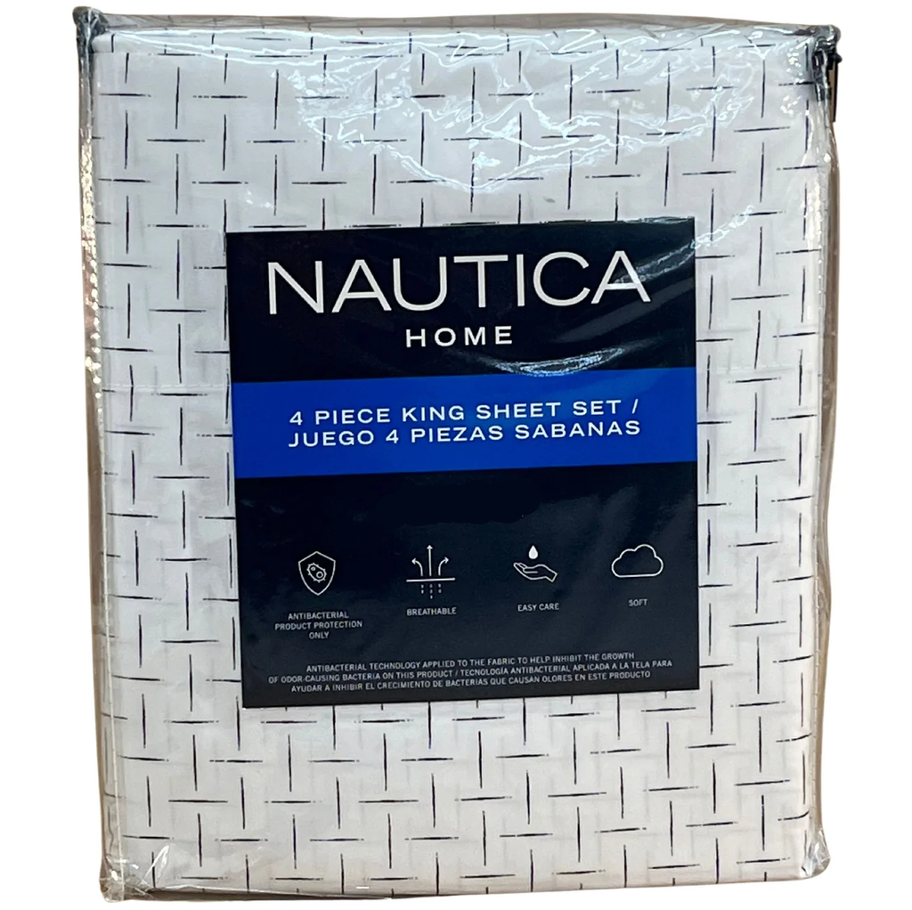 Juego De Sabanas Nautica Queen Estampadas 4 Pzas Blanco