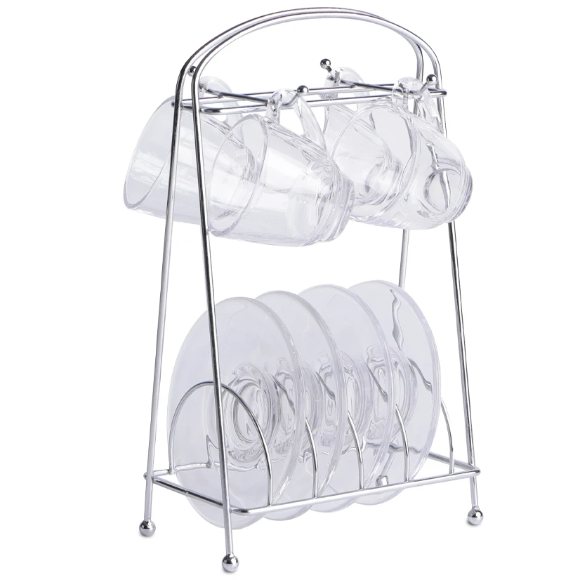 Juego De Tazas Para Cafe Benecasa 9 Pzas Con Platillos Y Soporte Metalico Transparente
