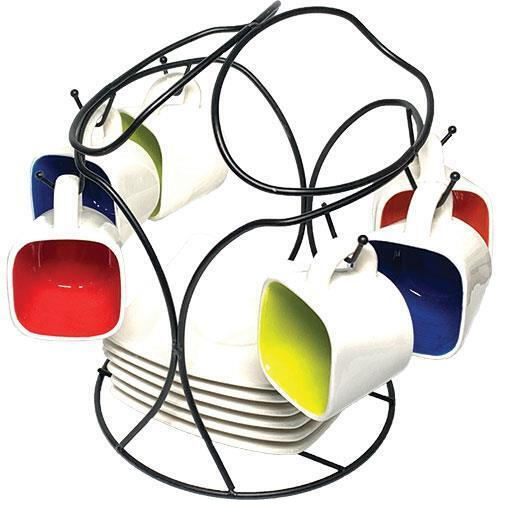 Juego De Tazas Para Cafe Gibson Home Crenshaw 13 Pzas Con Platillos Y Soporte Metalico Blanco