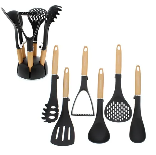 Juego De Utensilios De Cocina 7 Pzas Con Base Negro Y Beige