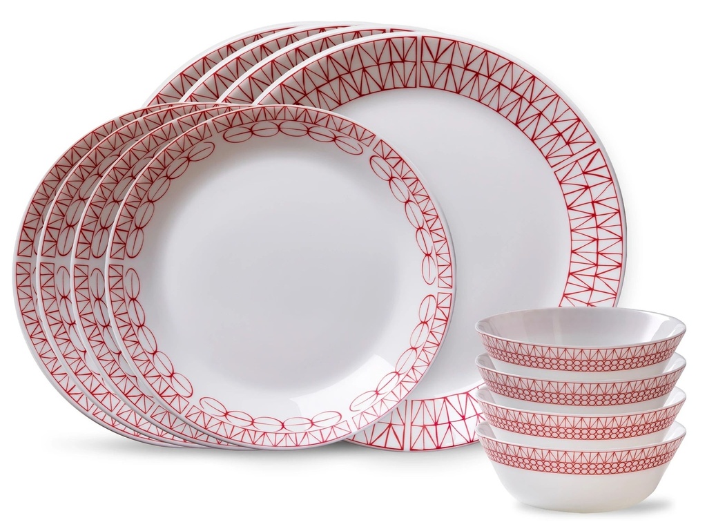 Juego De Vajilla Corelle 12 Pzas Graphic Stitch De Vidrio Blanco Y Rojo