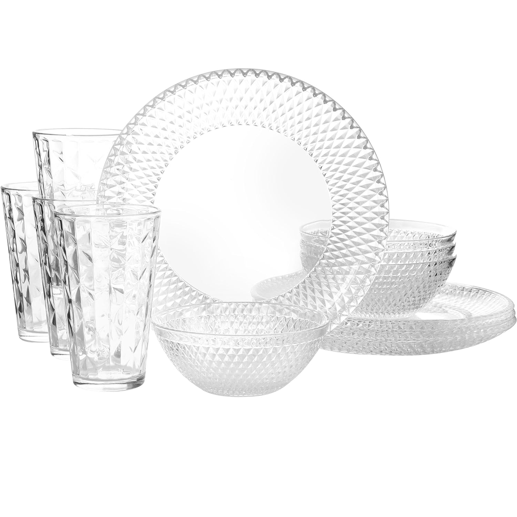 Juego De Vajilla Gibson Home 12 Pzas Clearview Diamond Con Relieve De Vidrio Transparente