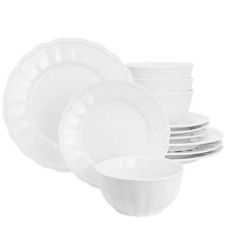 Juego De Vajilla Hometrends 12 Pzas Con Relieve Y Borde Ondulado De Ceramica Blanco