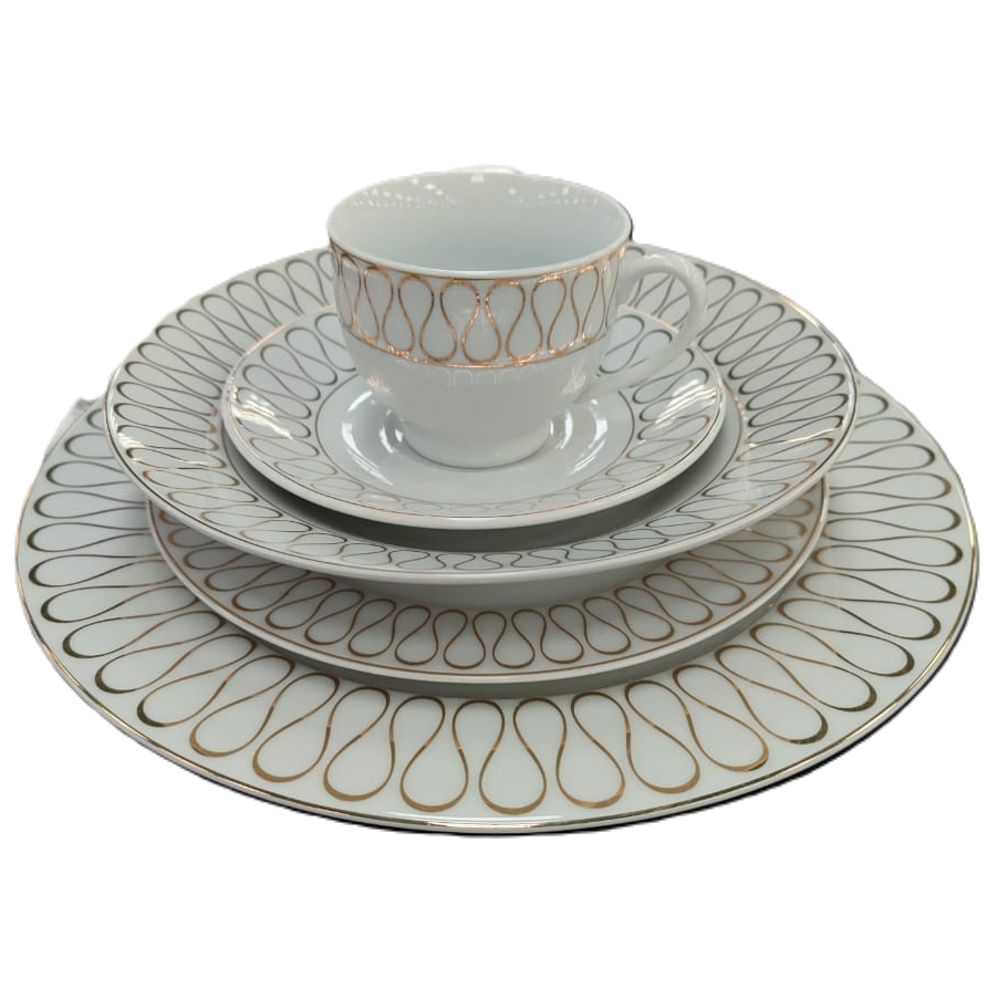 Juego De Vajilla House Home 30 Pzas De Porcelana Blanco Y Plateado