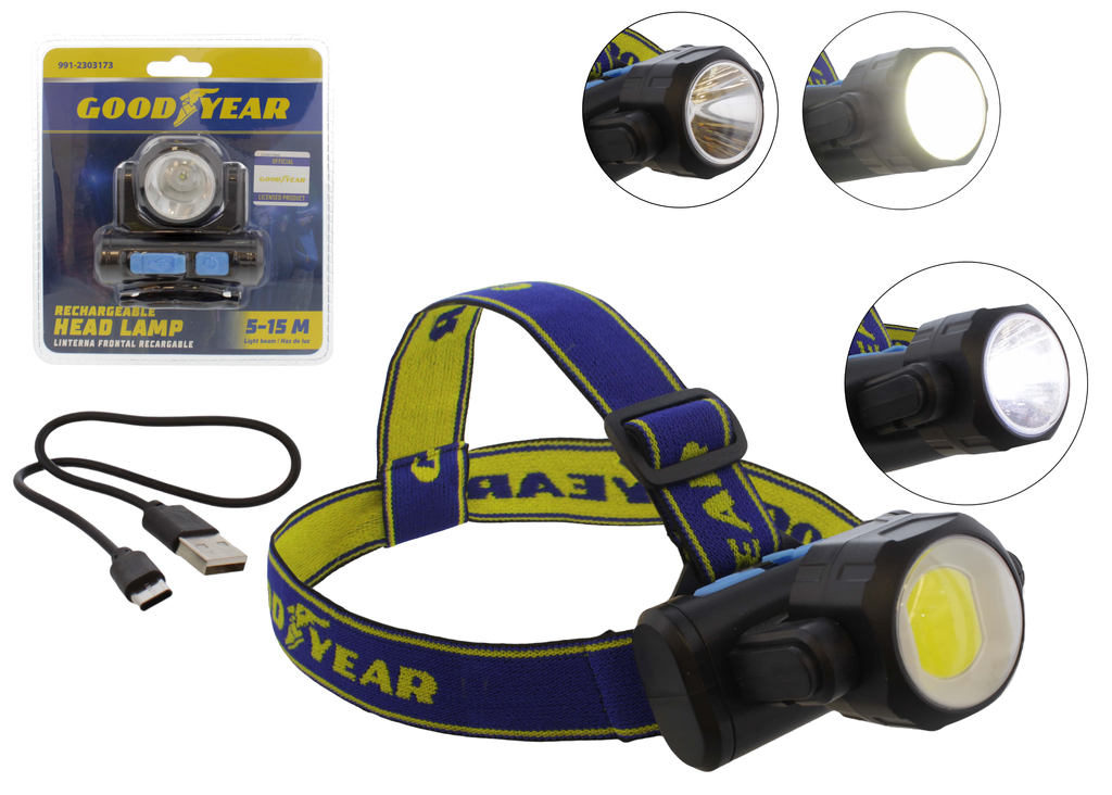 Linterna Frontal Goodyear Recargable Alcance 5-15 Mts Negro Y Azul