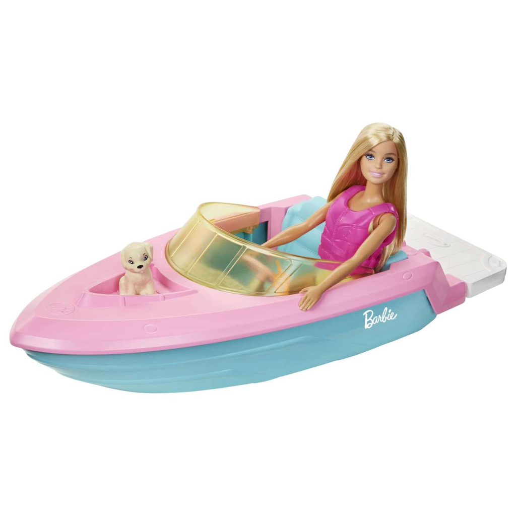 Muñeca Barbie Y Bote Acuatico Con Acc Rosado Azul