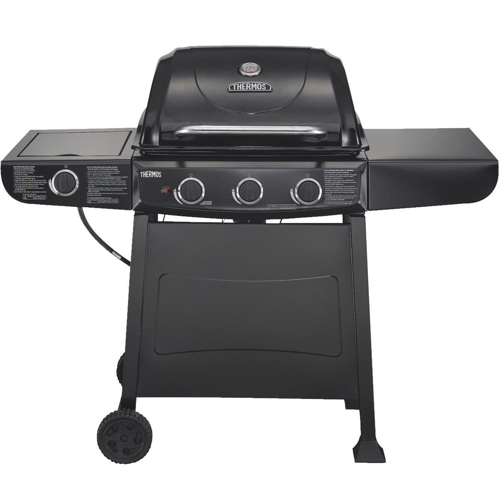 Parrillera A Gas Thermos 36000 Btu Y 12000 Btu Con Quemador Lateral Perillas Ruedas Estante Negro