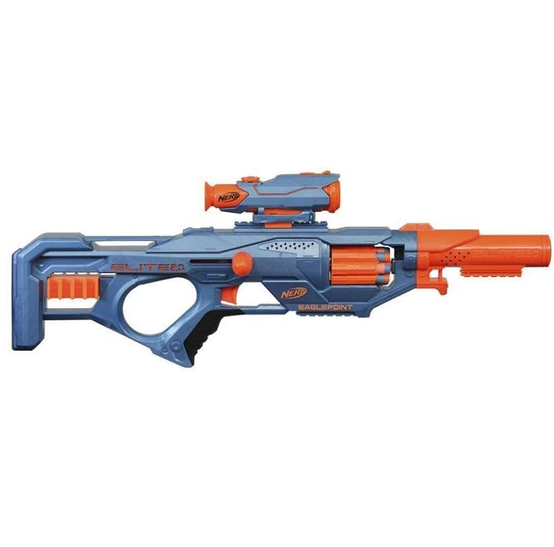 Pistola Lanzadora Nerf Elite 2.0 Eaglepoint RD-8 Con 8 Dardos Mira Y Cañon Desmontable Azul Y Naranja