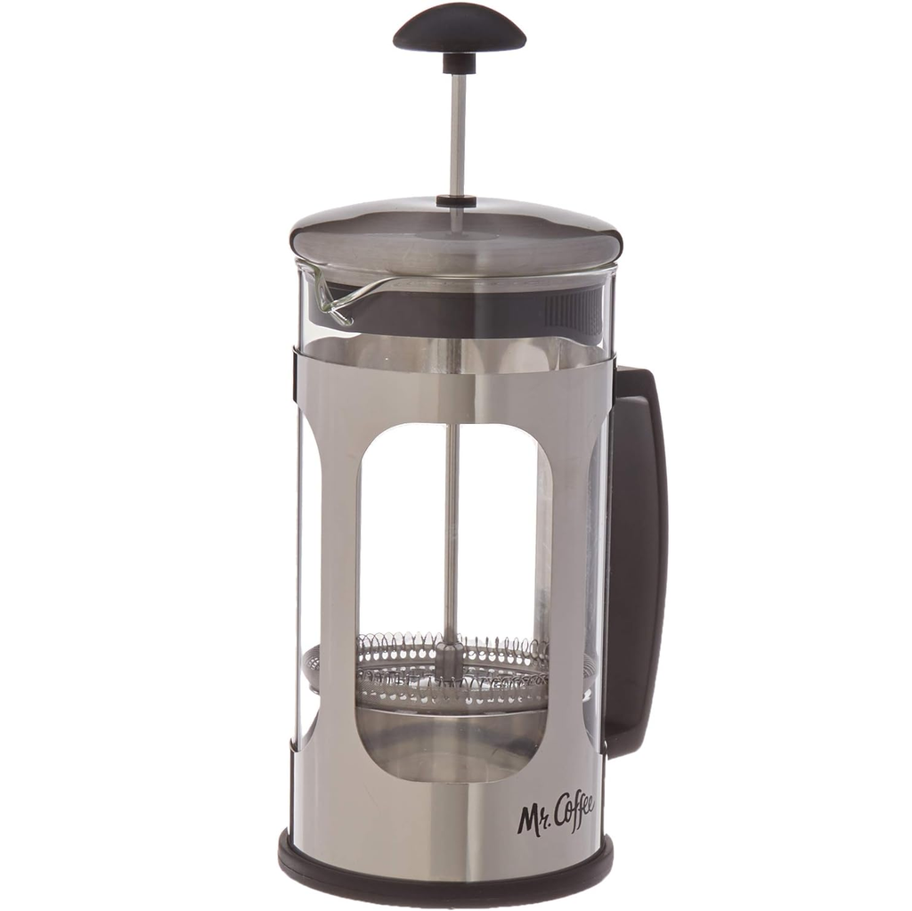 Prensa Para Cafe Mr Coffee Daily Brew 887 Ml De Vidrio Con Mango Plateado Y Negro