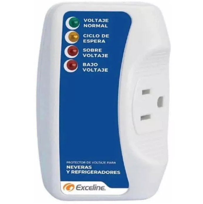 Protector De Voltaje Exceline Para Neveras Y Refrigeradores 1 Toma 110V Blanco Y Azul