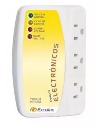 Protector De Voltaje Exceline Para Equipos Electronicos 3 Tomas 110V Blanco Y Amarillo
