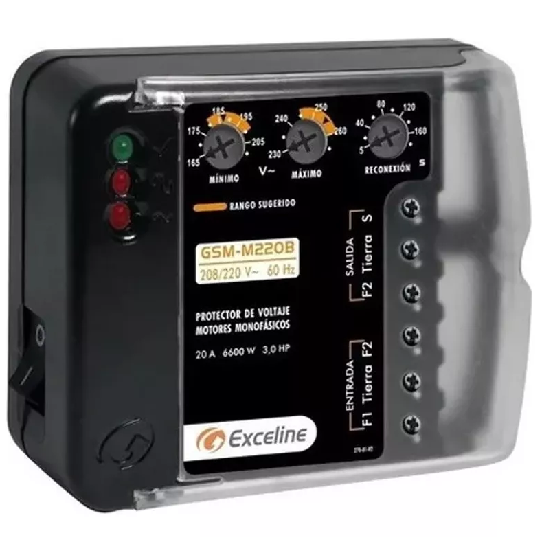 Protector De Voltaje Exceline Para Motores Monofasicos Bornera 220V Negro