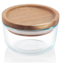 Contenedor Pyrex 2 Tazas Cubierta De Madera Redondo Transparente Y Marron 