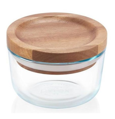 Contenedor Pyrex 4 Tazas Con Tapa De Madera Redondo Transparente Y Marron